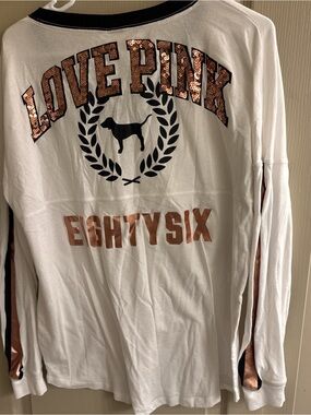 PINK Victoria's Secret White Tee with Black Trim and Embroidered Detail
